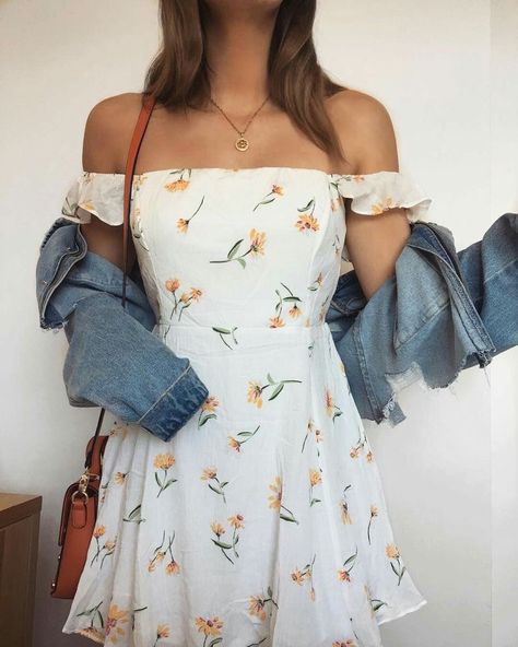 #fashion #clothing Cute Floral Dresses, Denim Jacket With Dress, Vintage Floral Dress, Outfit Trends, White Floral Dress, Floral Dress Summer, Cute Summer Outfits, Casual Fall Outfits, Lovely Dresses