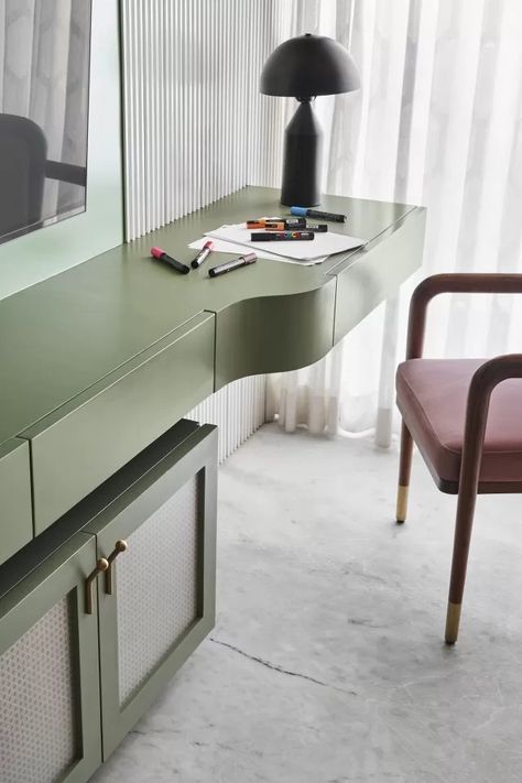 The Whimsical House Is An Artfully Curated Apartment In Mumbai India | Soch Design Studio Room Interior Ideas Bedroom, Working Table In Bedroom, Tv Unit With Study Table, Tv Unit Panel, Shades Of Pastel Green, Design Studio Architecture, Study Table Design, Whimsical House, Room Wardrobe