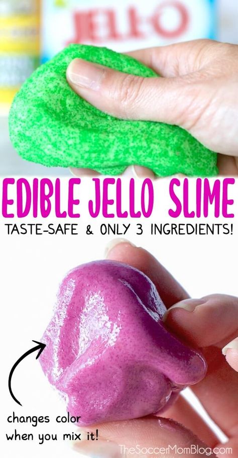 The original and BEST edible Jello slime recipe! Only 3 ingredients and it changes color when you mix it! Our very first edible slime recipe, and still one of the most popular! Cheap Slime Recipe, Fun Edible Crafts For Kids, Edible Pudding Slime Recipe, Eatable Slime Recipe Easy, Non Messy Slime, Edible Pudding Slime, Kids Slime Recipe Easy, Taste Safe Slime Recipes, Edible Jello Slime