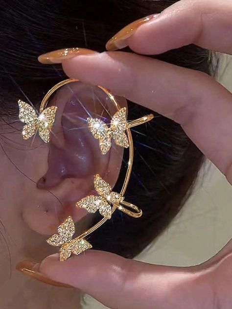 1pc Elegant Fashion Gold Butterfly Rhinestone Ear Cuff Jewelry, Woman Holiday & Daily Wear Gift Rhinestone Ear Cuff, Ear Cuff Jewelry, Butterfly Rhinestone, Wrap Bangles, Gold Bracelet Set, Cuff Jewelry, Women's Jewelry Sets, Butterfly Shape, Watches Women Fashion