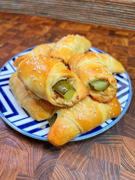 #1 Pickle Recipe - Pickles in a Blanket Pickles In A Blanket Recipe, Bacon Crescent Roll Recipes, Pickle In A Blanket, Pickles In A Blanket, Pickle Cream Cheese Roll Ups, Stuffed Pickles, Pickle Ideas, Pickle Bread, Pickle Sandwich