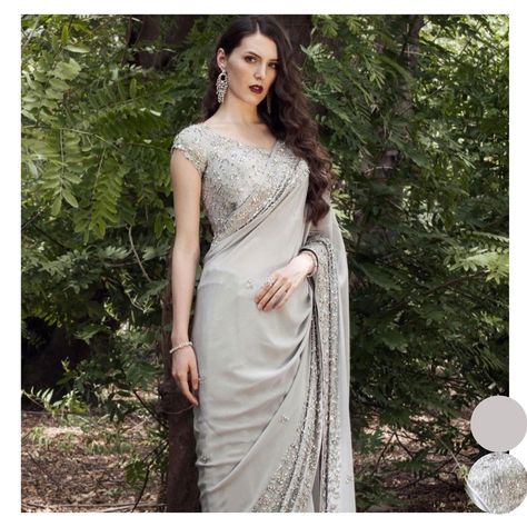 Pooja Peshoria (@poojapeshoriaofficial) • Instagram photos and videos Indian Sari Dress, Grey Saree, Lehenga Designs Simple, Cotton Saree Designs, Sari Dress, Embroidered Saree, Elegant Saree, Dress Indian Style, Blouse For Women