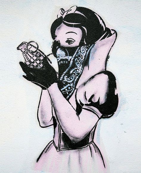 Banksy Canvas - snow white holding grenade (UV coating, Wooden Frames, Ready-to-hang) Anarchist Cookbook, Banksy Tattoo, Graffiti Stencil, Street Art Canvas, Banksy Artwork, Contemporary Pop Art, Piercing Inspiration, Red Rabbit, Comic Tattoo