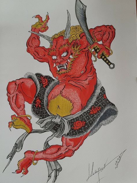 Oni Yokai Art, Japanese Lore Tattoo, Traditional Japanese Demon Art, Japanese Oni Tattoo Sleeve, Oni Traditional Art, Traditional Japanese Yokai Art, Japanese Demon Tattoo Traditional, Japanese Monster Tattoo, Japanese Tattoo Art Traditional Sleeve