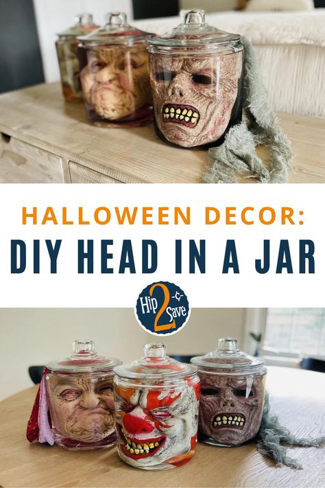 These Halloween decorations are extra creepy! Make your own DIY head in a jar as a spooky Halloween decor idea. Heads in a jar are the perfect scary Halloween craft. Head In Jar Diy, Dollar Tree Scary Halloween Diy, Diy Halloween Jar Decorations, Diy Specimen Jars Halloween Ideas, Mask In A Jar Halloween, Heads In Jars Halloween, Face In Jar Halloween, Haunted Morgue Ideas, Halloween Jars Creepy