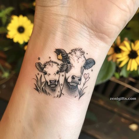 Cow Shoulder Tattoo, Mother Daughter Cow Tattoos, Farm Themed Tattoo, Farm Animal Tattoos For Women, Small Woman Tattoos, Farming Tattoos For Women, Rancher Tattoo, Farm Tattoo Ideas, Cow Tattoos For Women