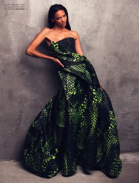 Cora Emmanuel wearing Armani Prive for Flaunt Magazine by David Bellemere Snake Clothes, Snake Dress, Flaunt Magazine, Snake Skin Dress, Theme Dress, Armani Prive, Gala Dresses, Inspired Dress, Costume Design