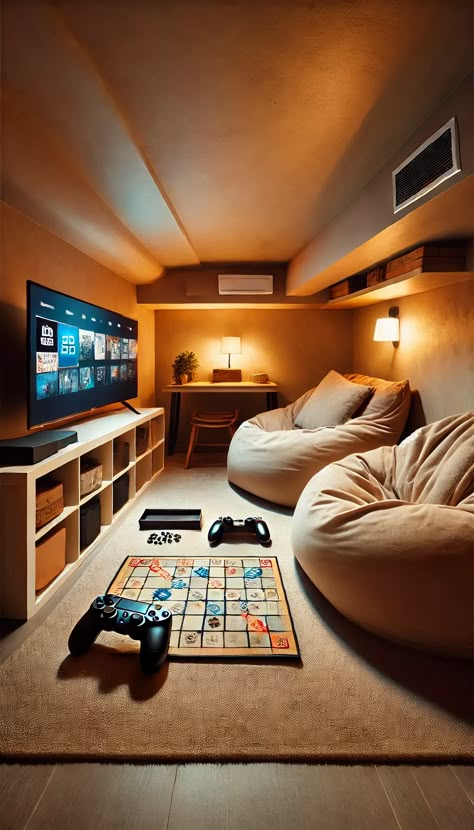 15 Brilliant Small Basement Ideas - GoTinySpace Finished Attic Game Room, Tiny Basement Bedroom, Tiny Game Room Ideas, Kids Small Game Room, Family Game Room Ideas Small Spaces, Game Room Small Space, Home Rec Room, Small Basement Furniture Layout, Lounge Basement Ideas