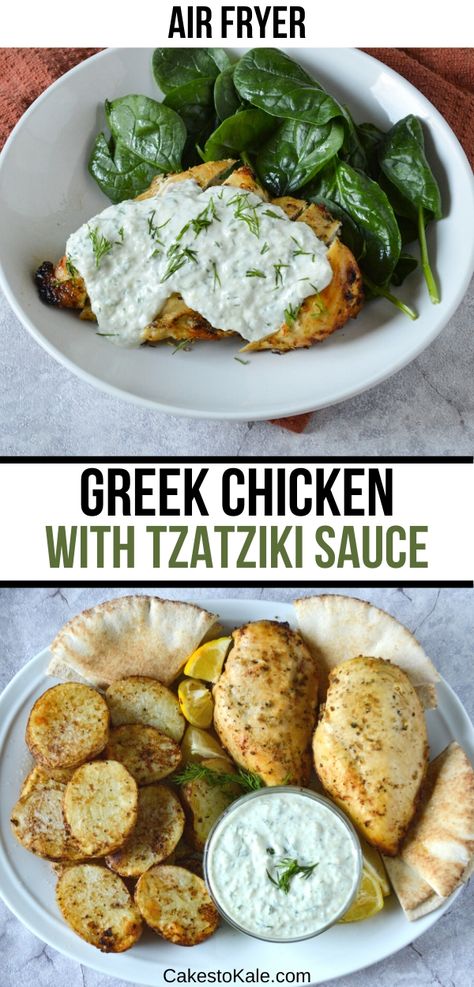 Easy greek chicken with tzatziki sauce.  This air fryer greek chicken recipe is delicious and healthy for you.  Try this healthy greek chicken recipe tonight. #greekchicken #airfryer #tzatziki Greek Chicken Recipes Air Fryer, Tzatziki Chicken Recipe, Greek Yogurt Chicken Air Fryer, Air Fryer Low Cholesterol Recipes, Mediterranean Diet Recipes Air Fryer, Airfryer Greek Chicken, Taziki Chicken Recipes, Chicken Tzatziki Recipes, Air Fryer Mediterranean Recipes