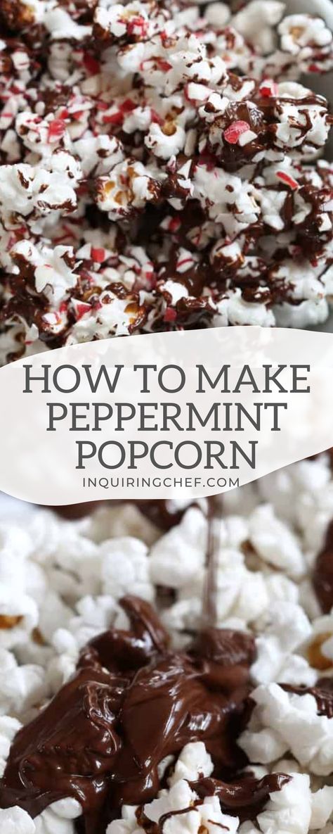 Nostalgic peppermint popcorn is a classic combination of peppermint and chocolate that will give you all of the holiday feels. Drizzled with chocolate, and topped with a candy cane crunch, this irresistible snack is sweet, salty, and makes a great holiday gift. #homemade #holidays #gift #Christmas Peppermint Chocolate Popcorn, Peppermint Bark Popcorn, Popcorn Drizzled With Chocolate, Homemade Candy Canes Recipe, Christmas Puff Corn, Peppermint Popcorn Recipe, Holiday Popcorn Recipes, Drizzled Popcorn, Popcorn Christmas