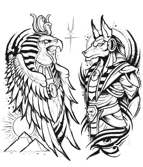 Anubis And Horus Tattoo Design, Trippy Outline, Anubis And Horus Tattoo, Sphinx Drawing, Horus Tattoo Design, Anubis Drawing, Bastet Tattoo, Egypt Tattoo Design, Traditional Tattoo Stencils