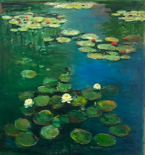 Water Lilies Painting, Sky Artwork, Lake Painting, Green Paintings, Green Lake, Impressionism Art, Realism Art, Green Art, Art Anime