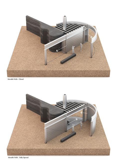 movable walls slide along curved path opening up LMTLS' studio house Movable House, Food Shelf Life, Korean Beauty Store, Studio House, Movable Walls, Terracotta Roof, India Architecture, House Essentials, French Castles