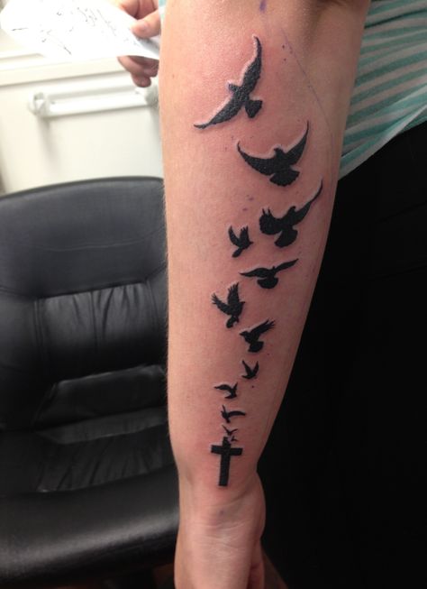 Fancy Tattoo For Man Hand, Cross Bird Tattoo, Cross And Birds Tattoo Ideas, Black Bird Tattoo Men, Cross And Bird Tattoo, Men’s Bird Tattoo, Birds Tattoo For Men, Bird Tattoo Men Arm, Birds Forearm Tattoo