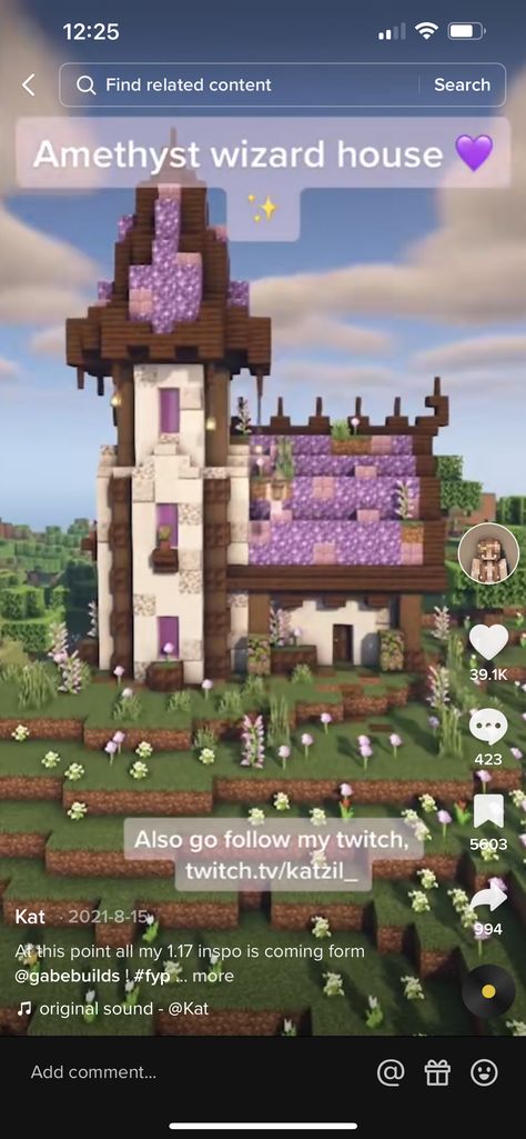 Minecraft House With Amethyst, Mincraft Idea Houses Tower, Cute Witch Hut Minecraft, Minecraft Amethyst Builds House, Minecraft Magical Building Ideas, Witches Tower Minecraft, Magical Minecraft Builds Easy, Minecraft Amethyst Tower, Minecraft Crystal House