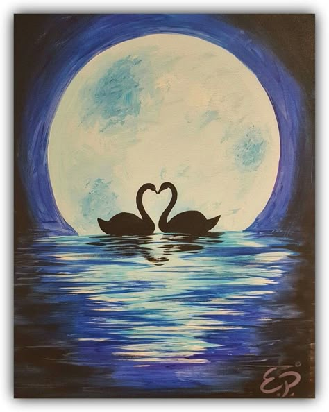 Simple Art Painting Ideas Easy, Swans Drawing, Swan Drawings, Swan Lake Drawing, Swans Painting, Swan Painting Easy, Swan Silhouette Art, Easy Scenery Painting, Swan Lake Painting