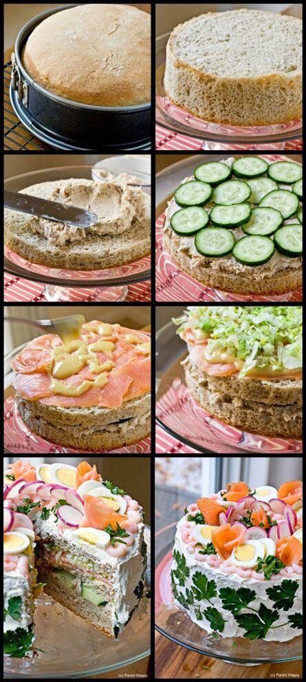 Sandwich cake Swedish Sandwich, Salad Cake, Party Sandwiches, Scandinavian Food, Sandwich Cake, Tea Party Food, Swedish Recipes, Tea Sandwiches, Savoury Cake