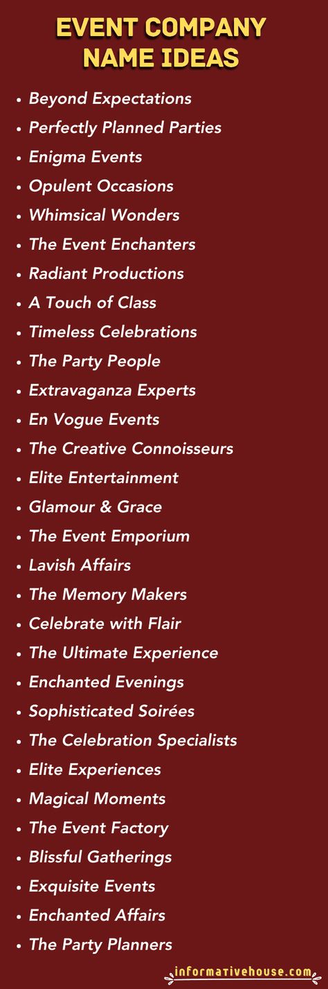 499+ The Most Unique Event Company Names Ideas! Event Organizer Name Ideas, Unique Event Company Names Ideas, Names For Event Planning Business, Event Management Names Ideas, Event Planning Business Names Ideas, Event Planner Names Ideas, Event Company Names Ideas, Event Name Ideas, Party Names Ideas