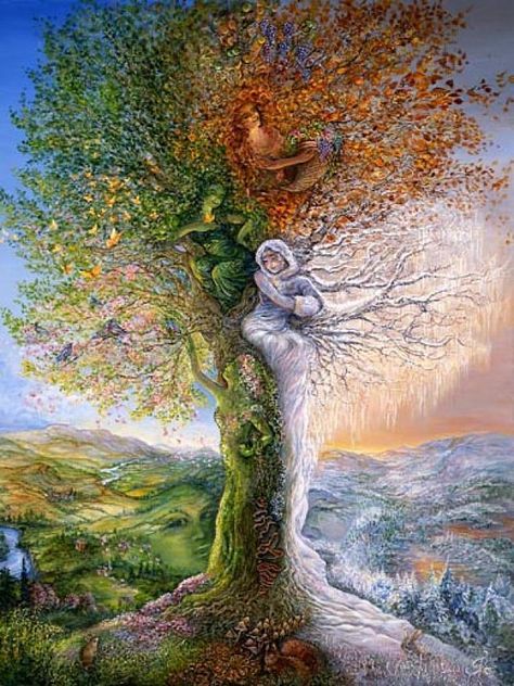 Each of the four seasons is depicted in this special tree.  Spring showing the rebirth of life with fresh new leaves and petals, which will eventually scatter in the breeze spreading the seeds of new life.  Summer sees butterflies enjoying the warmth of the sun on their wings, and enjoying the freedom of flight.  Autumn dressed in her russet leaves heralds harvest time, and prepares for the onset of winter.  Winter with its icy frosts completes the cycle of life. Boom Kunst, Stitch People, Josephine Wall, Diamond Embroidery, Diamond Mosaic, Embroidery Cross, Arte Fantasy, Alam Yang Indah, Tree Art