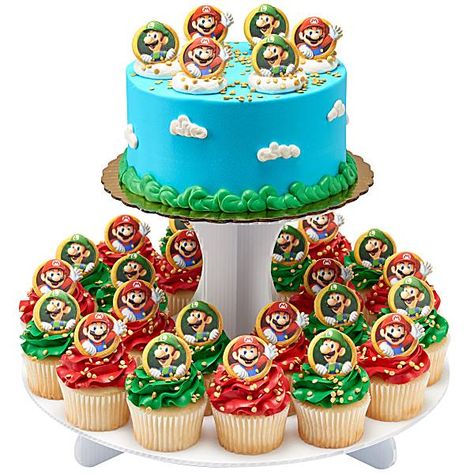 Super Mario-Mario & Luigi Cake/Cupcake Combo | Publix Super Markets Mario Cupcake Cake, Luigi Cake, Super Mario Cupcakes, Publix Cakes, Super Mario Cake, Mario Y Luigi, Mario Cake, Video Game Party, Personalized Cakes