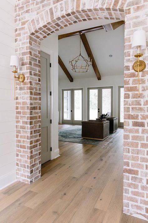 Brick Arches Interior, Yacht View, Arch Opening, Cased Opening, Walnut House, Transitional Entry, Brick Ideas, Brick Farmhouse, Brick Archway