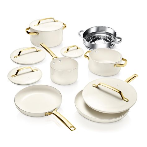 PRICES MAY VARY. GOTHAM STEEL MODERN COOKWARE SET: Cook up your favorite meals on a pots and pan set that looks as good as it cooks. A nonstick ceramic cooking surface is healthier, with little need for oil or better and made without harmful chemicals. 11-PIECE COOKING SET: Every piece you need to update your kitchen in a style that matches, including a 9.5” fry pan with lid, 11” fry pan with lid, 2qt saucepan with lid, 3qt saucepan with lid, 6qt stock pot with lid, and stainless steel steamer. Modern Cookware, Pot And Pan Set, Non Toxic Cookware, Luxury Cookware, Ceramic Cookware Set, Kitchen Pans, Kitchen Cookware Sets, Induction Cookware, Fry Pan Set