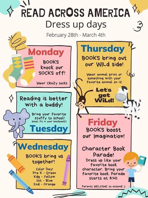 Read A Thon Ideas Schools, Literacy Night Preschool, Reading Spirit Week Ideas, Read Across America Activities Preschool, Read Across America Ideas For High School, Reading Week Ideas Elementary, Reading Dress Up Days, Literacy Month Ideas, Reading Spirit Week