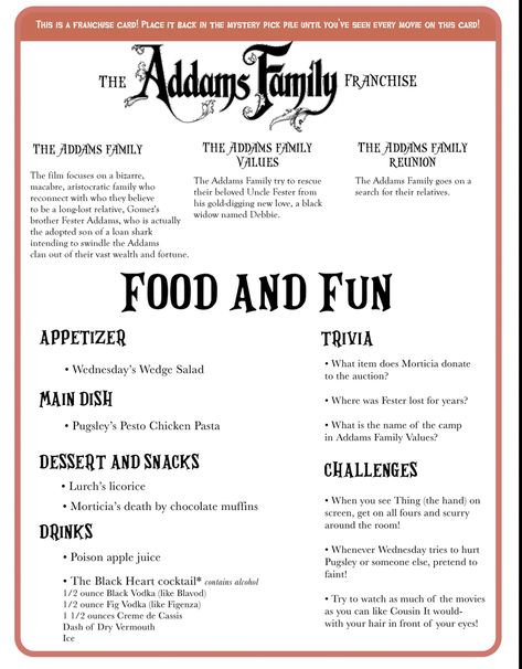 Movies With Food Themes, Disney Movie Night Menu Halloween, Fall Family Movie Night Ideas, Halloween Movie Food And Fun, Movies And Dinner Ideas, Addams Family Dinner And A Movie, Adams Family Movie Night Food, Halloween Themed Movie Night Ideas, Adams Family Dinner And A Movie