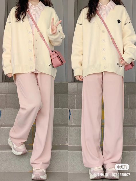 Soft Korean Aesthetic Clothes, Pink Aesthetic Winter Outfit, Kawaii Office Outfit, Colorful Korean Outfits, Chinese Cute Outfits, Pink Pants Outfit Winter, Minimal Core Aesthetic, Korean Fashion Pink, Korean Style Sweater