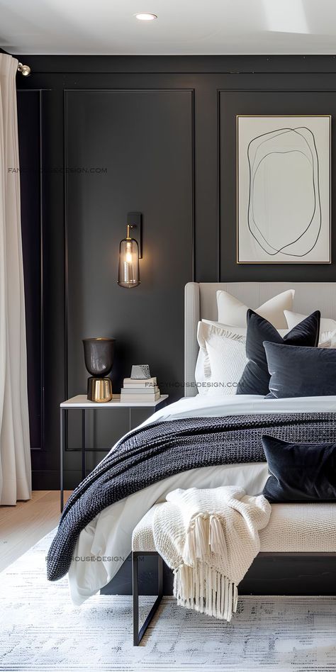 A modern black bedroom interior design combines black and white decorating ideas. Black And White Decorating Ideas, Black Bedroom Interior, White Decorating Ideas, Monochromatic Minimalist, Modern Black Bedroom, Black Bedroom Decor, Sleek Furniture, Minimalist Bedroom Design, Black Bedroom