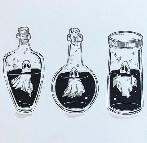 Ghost In Jar Drawing, Matching Ghost Tattoos Trio, Ghost Illustration Dark Art, Halloween Ink Drawings, Vampire Aesthetic Drawing, Halloween Drawings Aesthetic, Black Ink Art Illustrations, Spooky Art Drawing, Phomemo Ideas