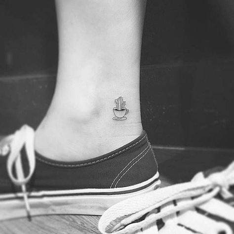 Coffee Tattoo Ideas, Coffee Cup Tattoo, Coffee Creative, Cute Ankle Tattoos, Bow Tattoo Designs, Coffee Tattoo, Cup Tattoo, Ankle Tattoo Designs, Cactus Tattoo