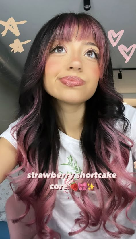 #strawberryshortcake Color Blocking Hair Brown, Brown Hair With Fantasy Colors, Pink And Blonde And Brown Hair, Pink And Red Peekaboo Hair, Colorful Hair Dye Ideas For Brunettes, Top Layer Hair Dye, Under Bangs Hair Dye, Pink N Brown Hair, Top Hair Dyed