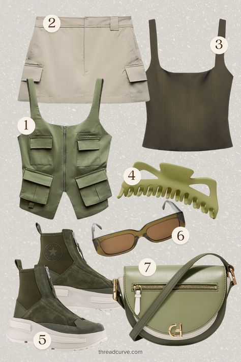 This fashion moodboard captures the essence of an urban safari, a trendsetting collection that brings together the adventurous spirit of olive with the understated elegance of taupe. The pieces selected blend practicality with a fashionable edge, featuring a structured vest with functional pockets that evoke a utilitarian vibe. It’s layered over a sleek tank top, adding a feminine counterpoint to the robust character of the vest. Safari Adventure Outfit, Safari Outfit Women, Safari Outfit, Fashion Moodboard, Adventure Outfit, Safari Adventure, Mood Board Fashion, Understated Elegance, Simple Elegance