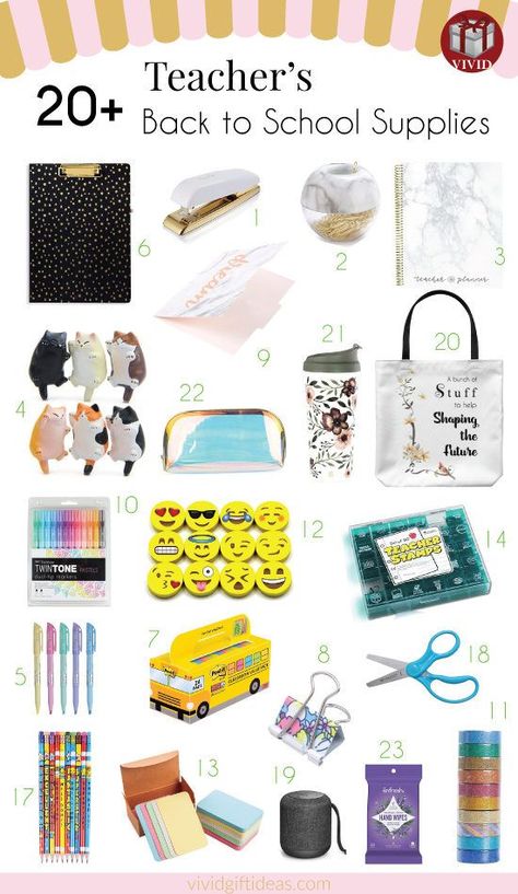 Cute back to school supplies for teachers. This list includes classroom supplies, teacher desk decor, teachers office organization ideas. Teachers Supplies, Cute Back To School Supplies, Teacher Supplies List, Teacher Organisation, Preschool Charts, Teacher List, Classroom Essentials, Teachers Office, Teacher Stamps