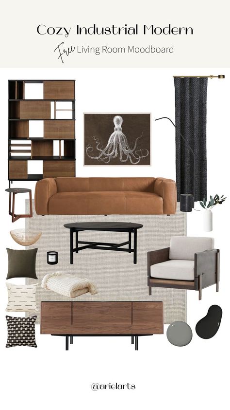 Industrial Mood Board Media Room Mood Board, Decor Boards Inspiration, Men's Interior Design, Modern Industrial Interior Living Rooms, Masculine Living Room Mood Board, Industrial Moodboard Interior Design, Mod Board Interior Design, Mod Board, Industrial Moodboard