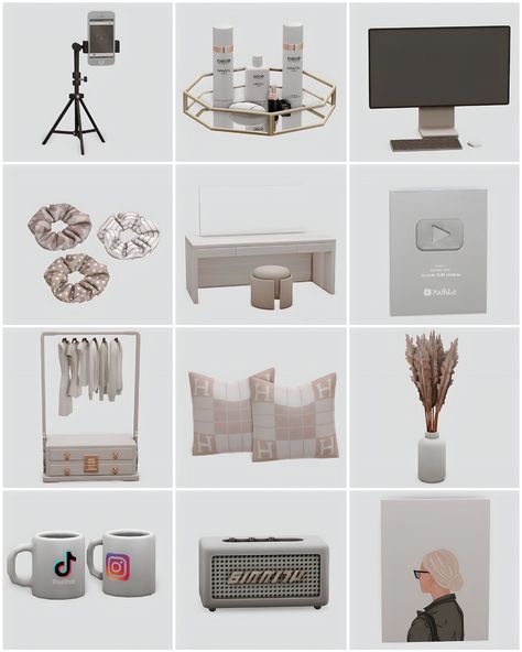 marilynjeansims: Simfluencer Essentials. by marilynjeansims ꨄ︎... The Sims 4 Pack, Sims 4 Aesthetic, Sims 4 Cc Furniture Living Rooms, 4 Aesthetic, Sims 4 Tsr, Die Sims 4, Mirrored Tray, Mod Furniture, Sims Packs