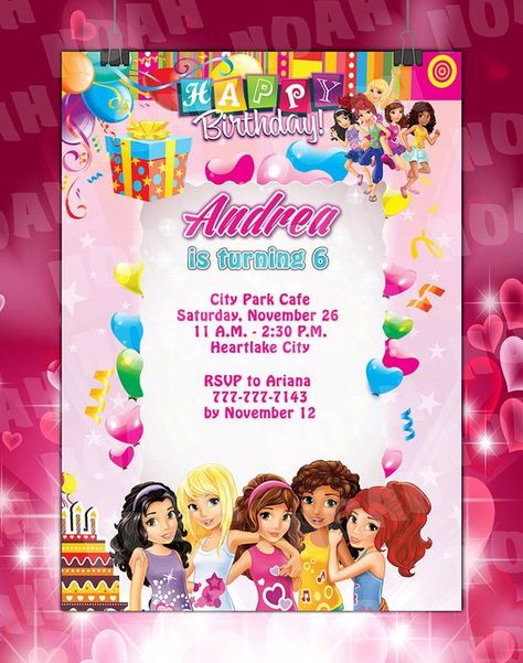 Lego Friends Invitations Birthday Party Girls Lego Party, Lego Friends Birthday Party, Gallery Wall Clock, Lego Friends Birthday, Lego Friends Party, Teal Makeup, Birthday Party Invitations Free, Lego Girls, Girls Party Invitations