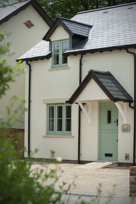 New Build House Exterior Uk, Speyer, Green Upvc Windows, House With Green Windows, Rendered Cottage Exterior Uk, White Cottage Exterior Uk, White Rendered House Exterior Uk, Rendered Cottage Exterior, Rendered Farmhouse