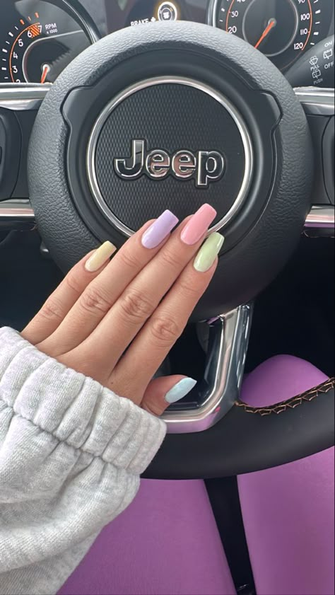 Spring Nails Different Color Each Nail, April Nails Solid Color, Pastel Multicoloured Nails, April Nail Inspo 2024, Aesthetic Pastel Nails, Pastel Colour Nails, Pastel Nails Designs Summer, Pastel Nails Coffin, Prom Nails Acrylic Red