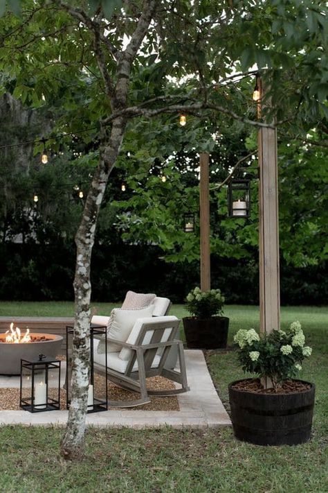 Outdoor Patio Ideas Small Spaces With Fire Pit, Outdoor Sitting Area Under Tree, Stepping Stones Fire Pit, Canopy Over Patio, Backyard Patio And Garden, Farmhouse Firepits Backyard Ideas, Pavered Fire Pit Area, Townhouse Backyard Garden, Magnolia Front Porch