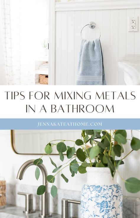 Discover the art of mixing metals in your bathroom! From fixtures to faucets, learn how mixing metals in bathroom decor can elevate your style. Whether it's for a guest or primary bathroom, these bathroom mixing metals tips will guide you. Incorporate hardware like mixing gold and silver bathroom fixtures to create a stunning bathroom with mixed metal finishes. Perfect for any bathroom decor update. Bathroom Mixed Metal Hardware, Mixing Metals In Bathroom Fixtures, Mixed Hardware Bathroom, Mixing Finishes In Bathroom, Mix Metals Bathroom, Bathroom With Mixed Metal Finishes, How To Mix Metals In Bathroom, Mixed Metal Bathroom Fixtures, Mixing Metals Bathroom