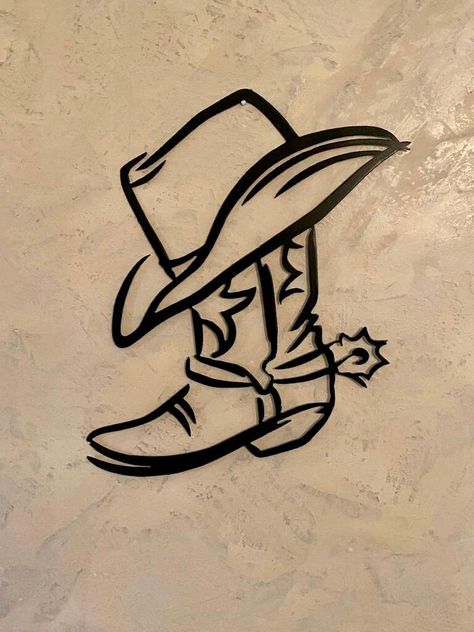 "Metal cowboy boot and hat sign perfect for rustic home/ cottage decor or for the cowboy/girl in your life! These signs are the perfect way to add a unique touch to any space and they also are incredibly thoughtful gifts The paint prevents rust and these signs can stay outdoors year round if desired to .  (ps. we can add a gift message and gift wrap it at no extra cost , just mark the option as \"gift\") Size options :    -18 inches tall x  17 inches wide  -24 inches tall x  22.5  inches wide  M How To Draw A Cowboy Boot Step By Step, Western Wood Burning, Cowboy Boot Decor, Cowboy Paintings Easy, Cowboy Boots Painting, Cowboy Boot Painting, Manly Art, Vintage Cowboy Art, Cowboy Boots Drawing