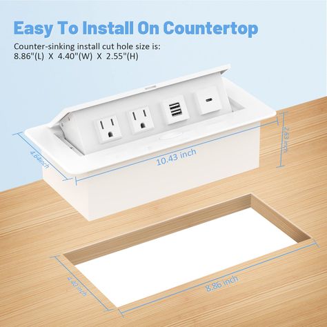 Countertop Pop Up Outlet, Pop Up Power Outlet, Electrical Outlets Ideas, Power Outlet Ideas, Countertop Outlets, Hidden Countertop, Hidden Outlet, Handyman Hacks, Pop Up Outlets