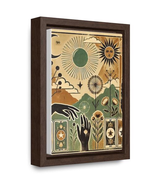 🌞 Mystical vibes meet retro charm. This framed wall art brings nature and tarot together for a cosmic twist on vintage decor. 🌿✨ Hashtags: #RetroVibes #PsychedelicArt #VintageDecor #MysticalArt #SpiritualWallArt #BohoAesthetic #TarotInspired #CosmicEnergy #70sVibes #BohoChic #artforthesoul Bohemian Color Palette, Retro Decor Style, Celestial Symbols, Earthy Greens, Spiritual Home Decor, Vintage Tarot, Retro Color Palette, Spiritual Wall Art, Bohemian Wall Art