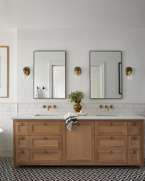 Classic never goes out of style… Project | #2bprojectallenby Styling | @chanlonprops Photo | @niamhbarryphoto #subwaytile #wallmountfaucet #classicinteriors #timelessinteriors #torontointeriordesigner #bathroomdesign #ensuitesofinstagram #bathroomgoals #woodvanity #torontorenovation #torontodesignbuild Tile Above Bathroom Vanity, Two Sink Vanity Ideas, 2 Sink Bathroom Ideas, Double Sink Bathroom Vanity Ideas, Double Sink Bathroom Ideas, Wood Double Vanity, Walnut Vanity, Future Bathroom, Toronto Interior Design