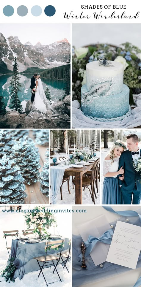 Top 10 Different Winter Wedding Colors & Themes - Elegantweddinginvites.com Blog Winter Wonderland Wedding Theme, Wonderland Wedding Theme, Blue Winter Wedding, Blue And White Wedding, Wedding Color Trends, Wedding Colors Purple, Wonderland Theme, Winter Wedding Colors, Wedding Themes Winter