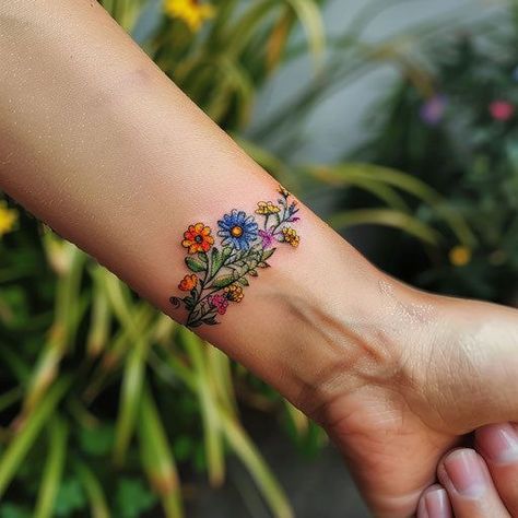 Small Floral Tattoo Designs For Women, Wild Flower Wreath Tattoo, Around The Wrist Tattoos For Women, Grow Through It Tattoo, Floral Wrist Tattoo Bracelets, Field Of Flowers Tattoo, Wildflower Wrist Tattoo, Daisy Chain Tattoo Ankle, Book Flower Tattoo