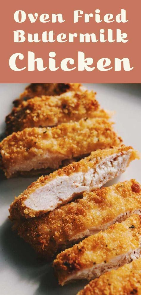 This oven fried parmesan crusted chicken is ridiculously delicious! Crispy panko, cheesy parmesan and moist buttermilk brined chicken breasts come together perfectly in this oven baked fried chicken recipe! Trust me when I say that you'll keep this easy chicken recipe on constant rotation after trying it! Fried Parmesan Crusted Chicken, Buttermilk Brined Chicken, Baked Fried Chicken Breast, Baked Fried Chicken Recipe, Buttermilk Chicken Breast, Baked Buttermilk Chicken, Buttermilk Oven Fried Chicken, Crispy Chicken Cutlets, Brined Chicken