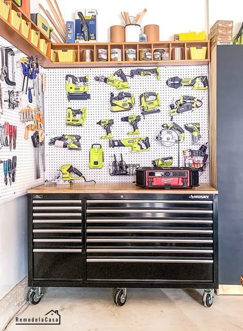 Garage Tool Wall Organization, Tools Room Organization, Hardware Garage Organization, Garage Tool Storage Ideas Wall, Tool Area In Garage, Shed Pegboard Organization, Garage Tool Bench Organization, Mens Garage Ideas Tool Organization, Tool Bench Organization Ideas